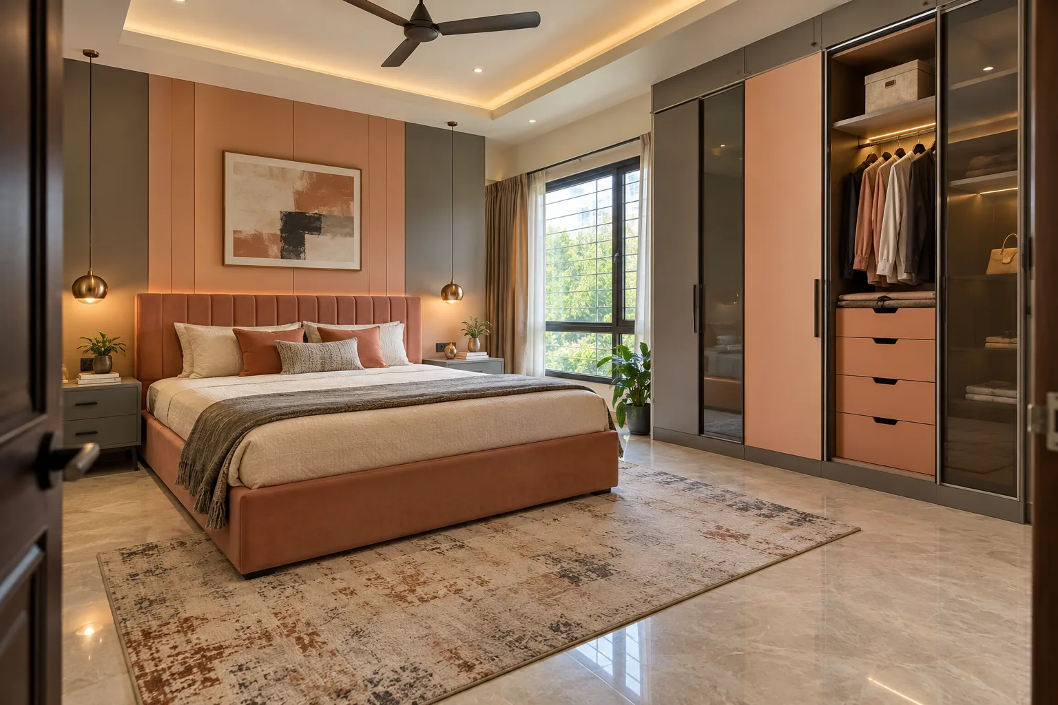 peach charcoal open bay wardrobe concept