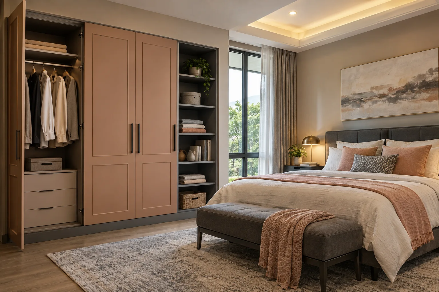 peach linen shelf wardrobe concept