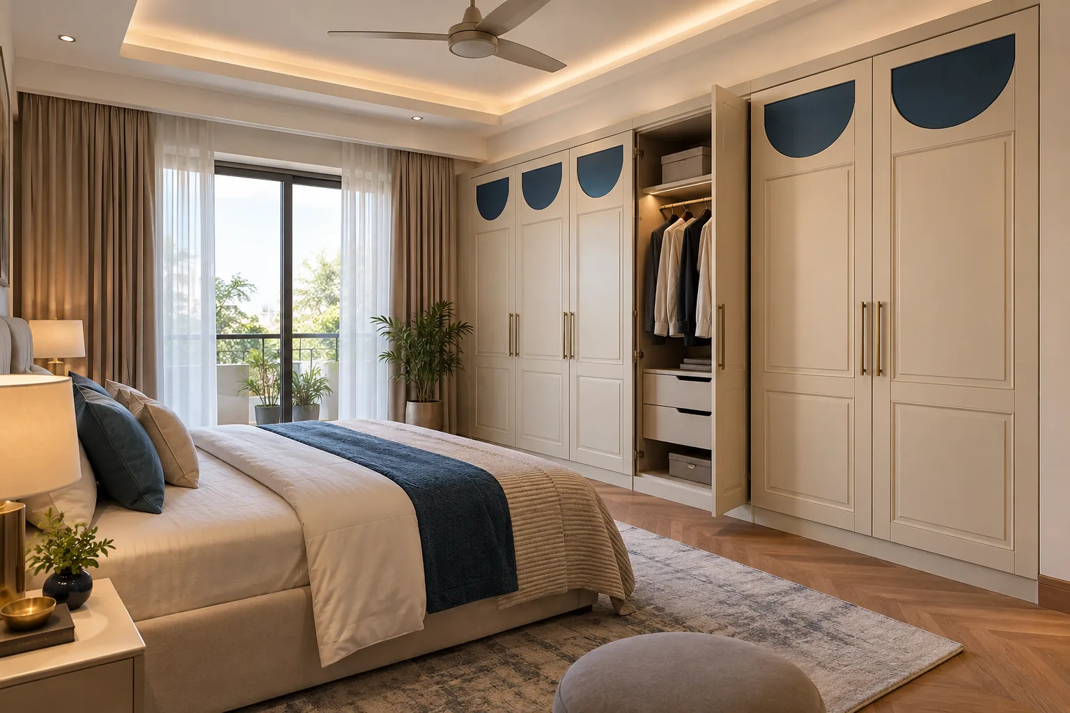Aluminium Cream Blue Half Disc Master Bedroom Wardrobe concept