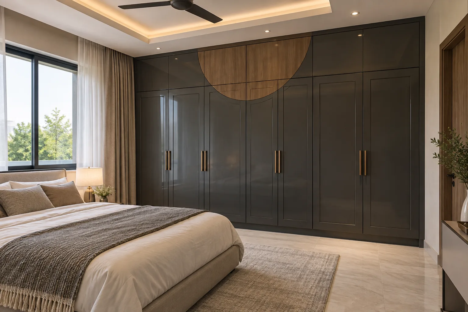 GI Charcoal Bronze Motif Master Bedroom Wardrobe concept