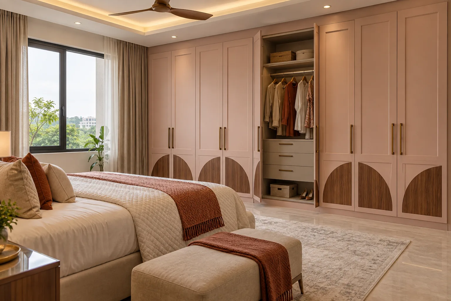 Aluminium Blush Walnut Motif Master Bedroom Wardrobe concept