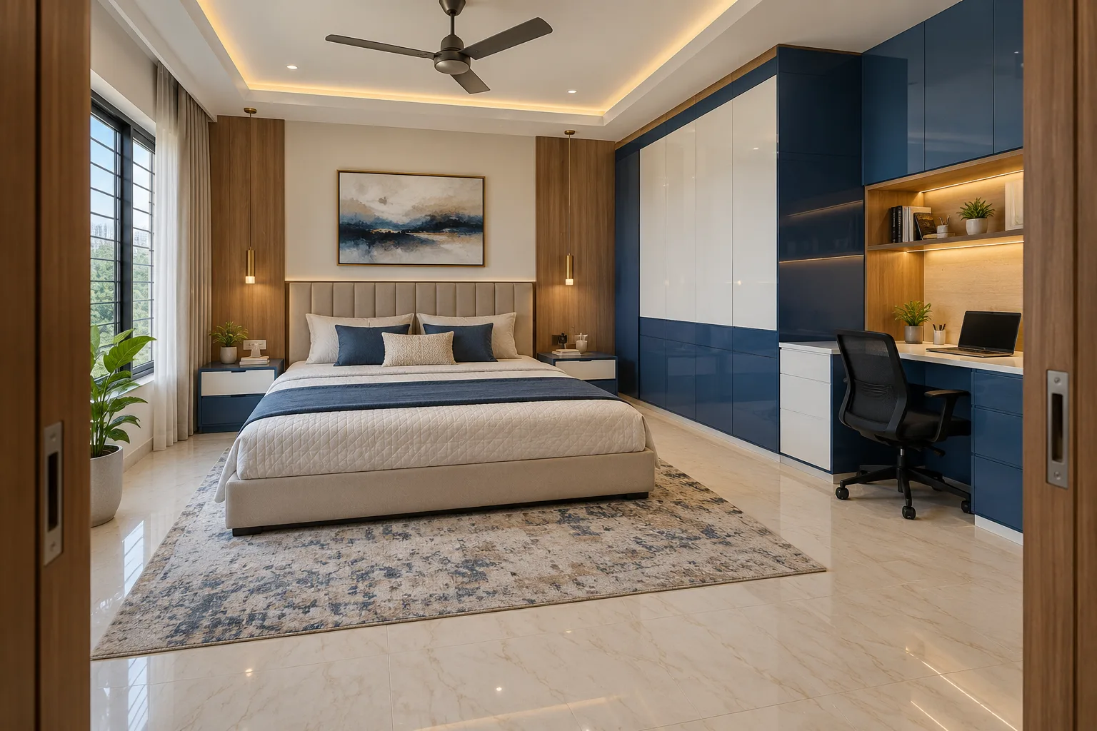 navy l desk wardrobe concept