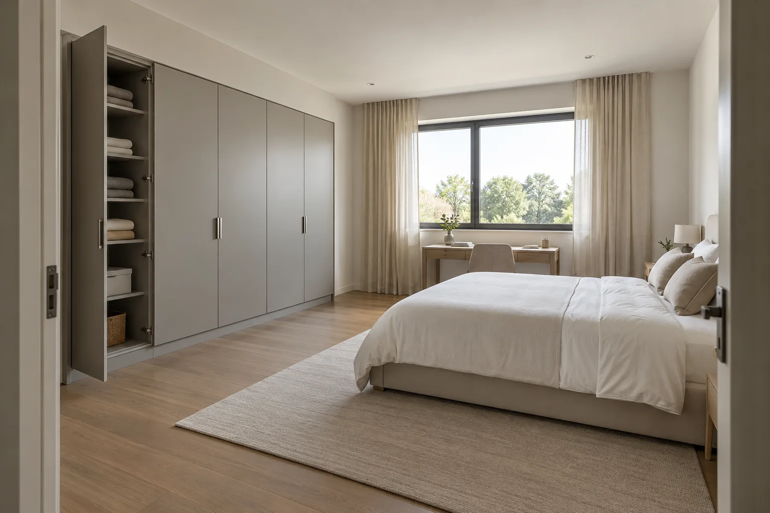 warm grey minimal desk wardrobe concept