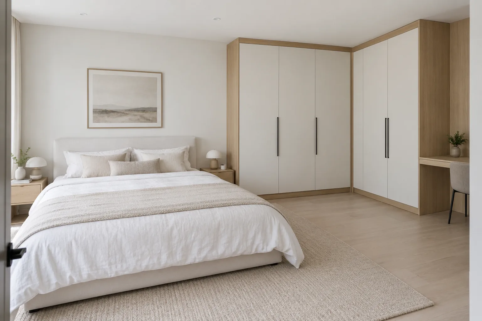 white oak minimal corner wardrobe concept
