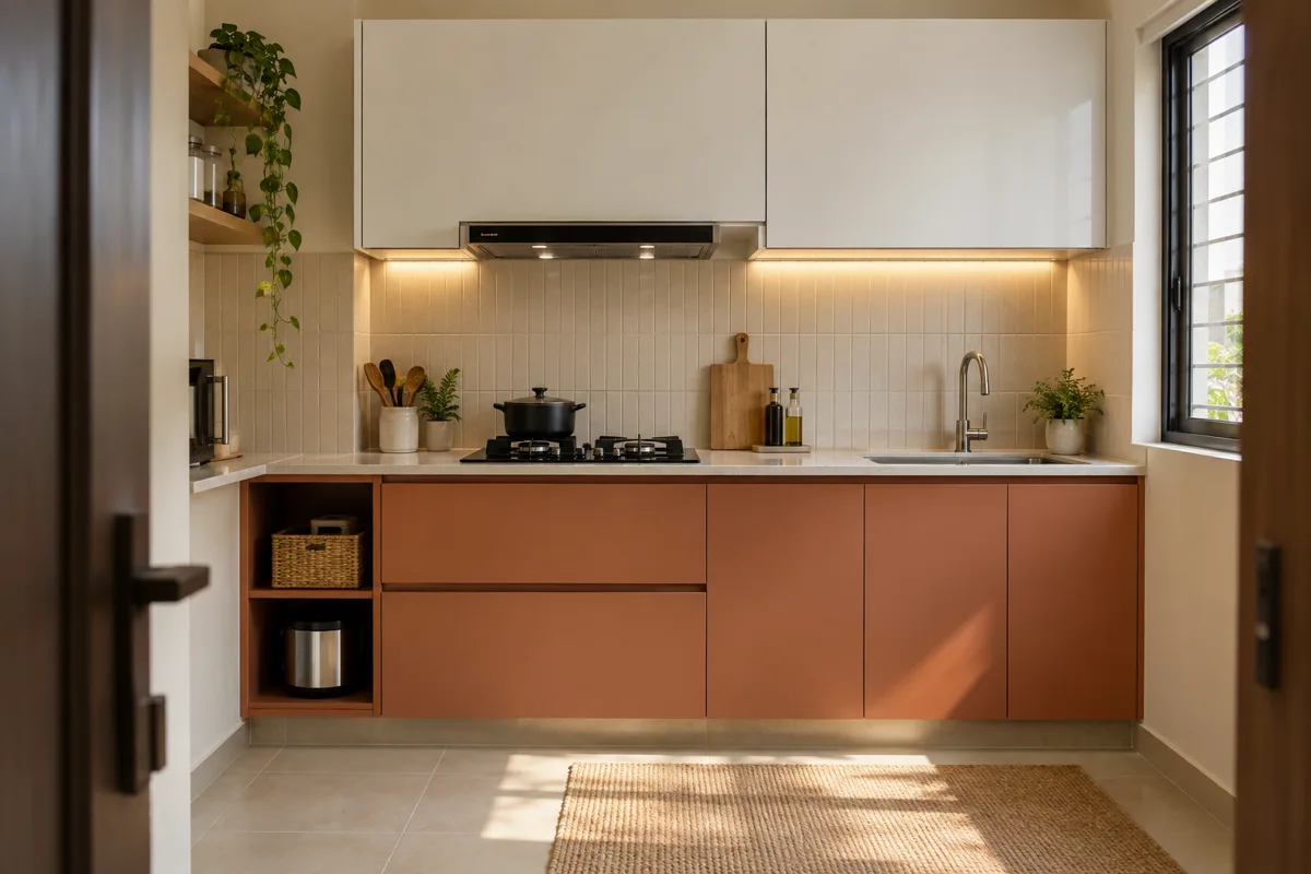 terracotta linen open cubby small kitchen — AI concept