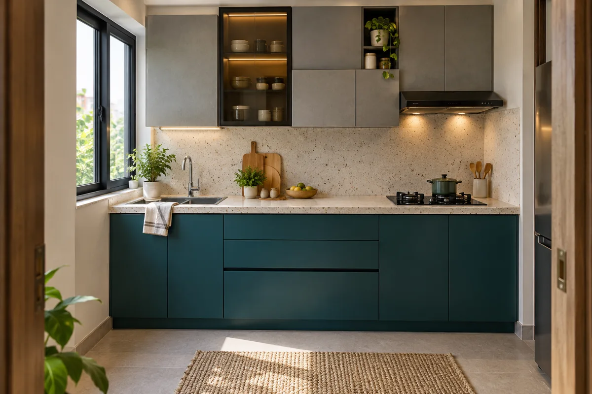 teal ash smoked display small kitchen — AI concept