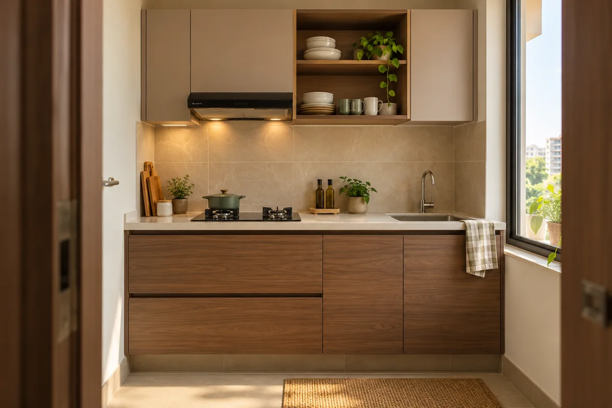 walnut sand plate shelves small kitchen — AI concept