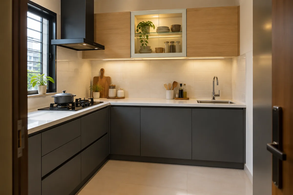 graphite birch glass corner small kitchen with graphite flat bases, birch upper doors, central white-tinted glass display, left cooking return and right sink
