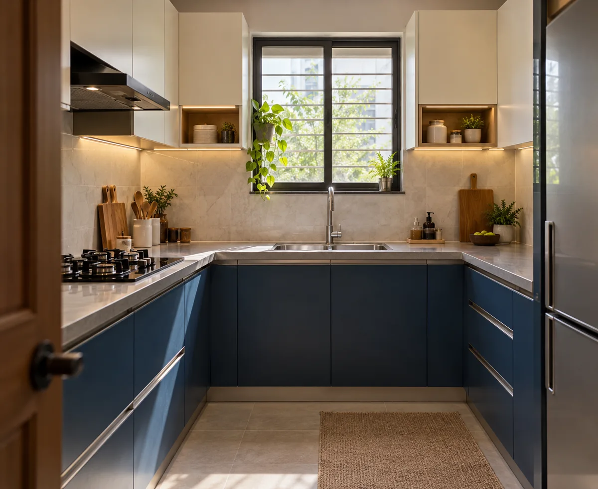 navy ivory window frame small kitchen — AI concept