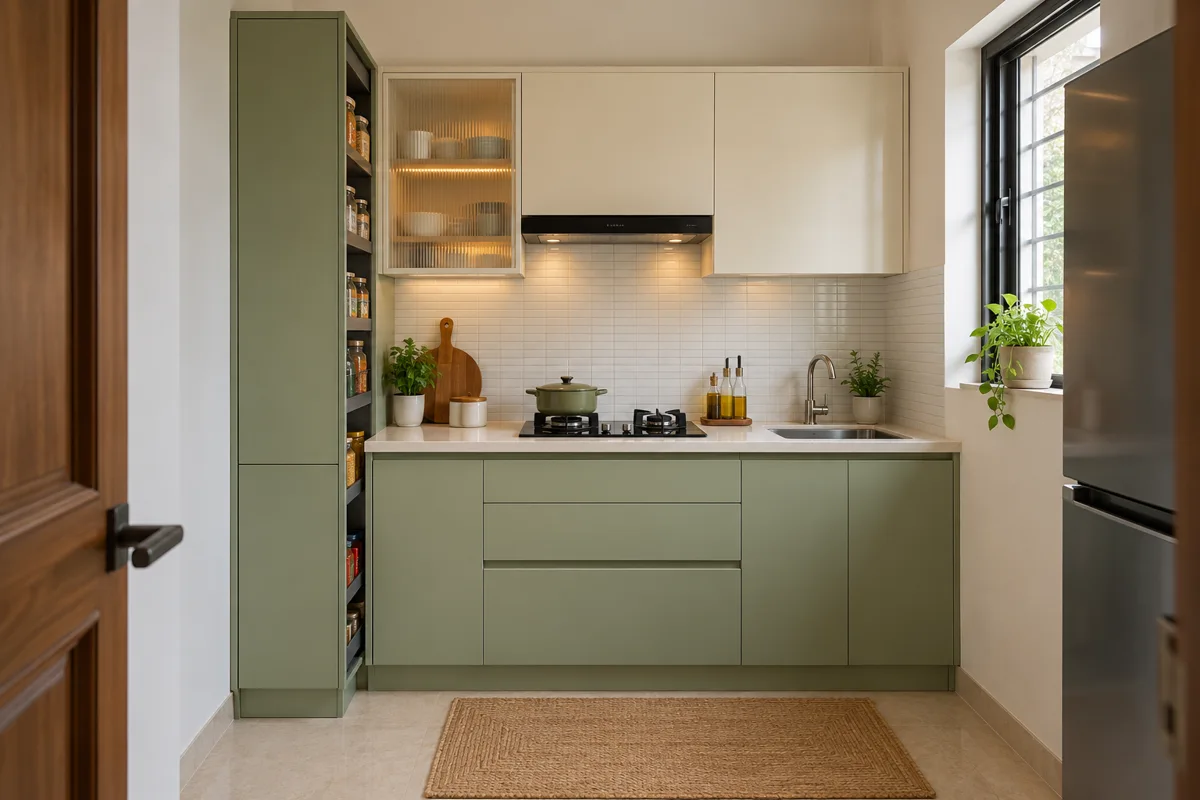 pistachio cream fluted pantry small kitchen — AI concept