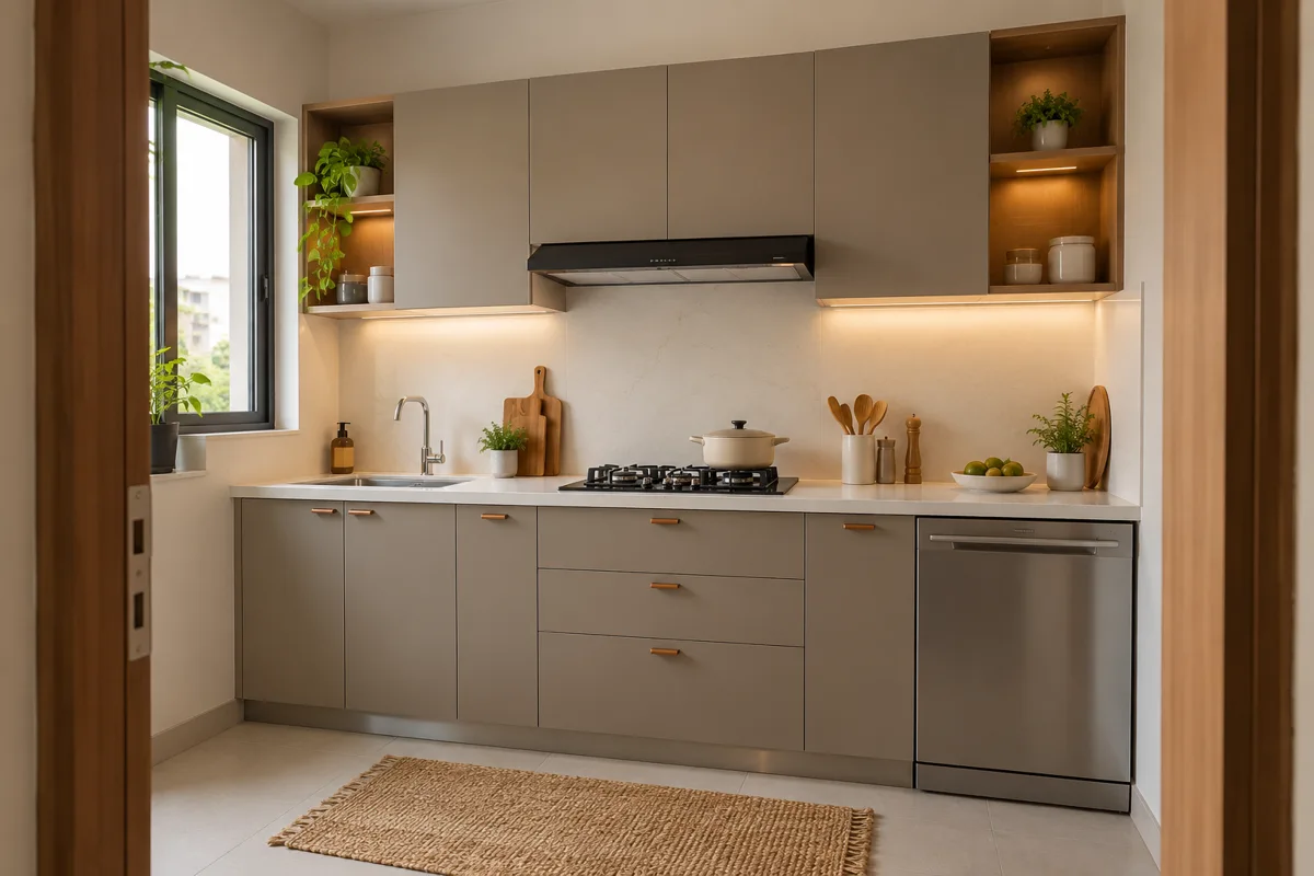 greige copper dishwasher small kitchen with greige shutters with copper-tone handles, open overhead end cubbies, central drawers and right dishwasher, left sink