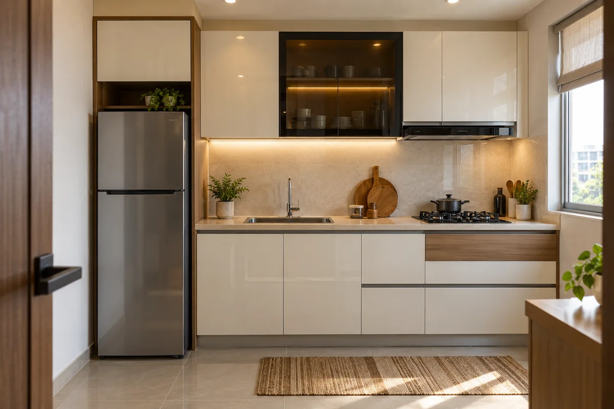 white oak central glass small kitchen — AI concept