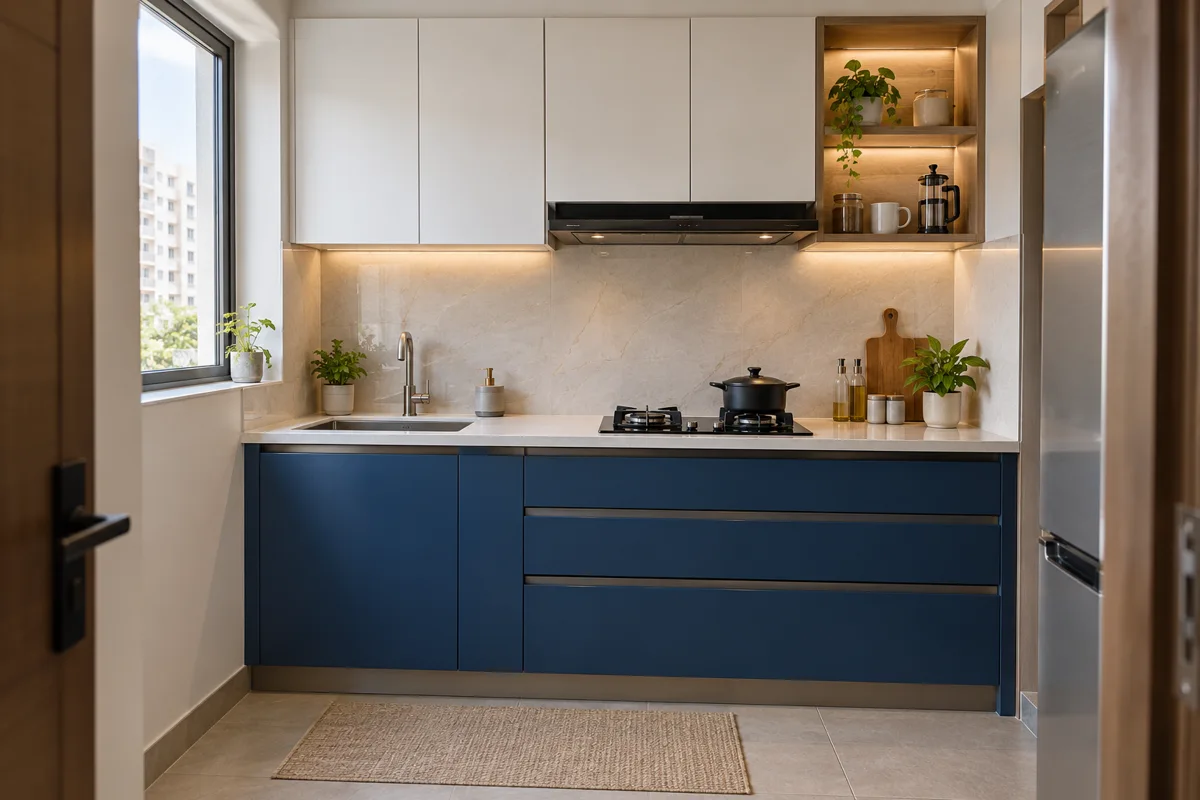 cobalt chalk end shelves small kitchen — AI concept