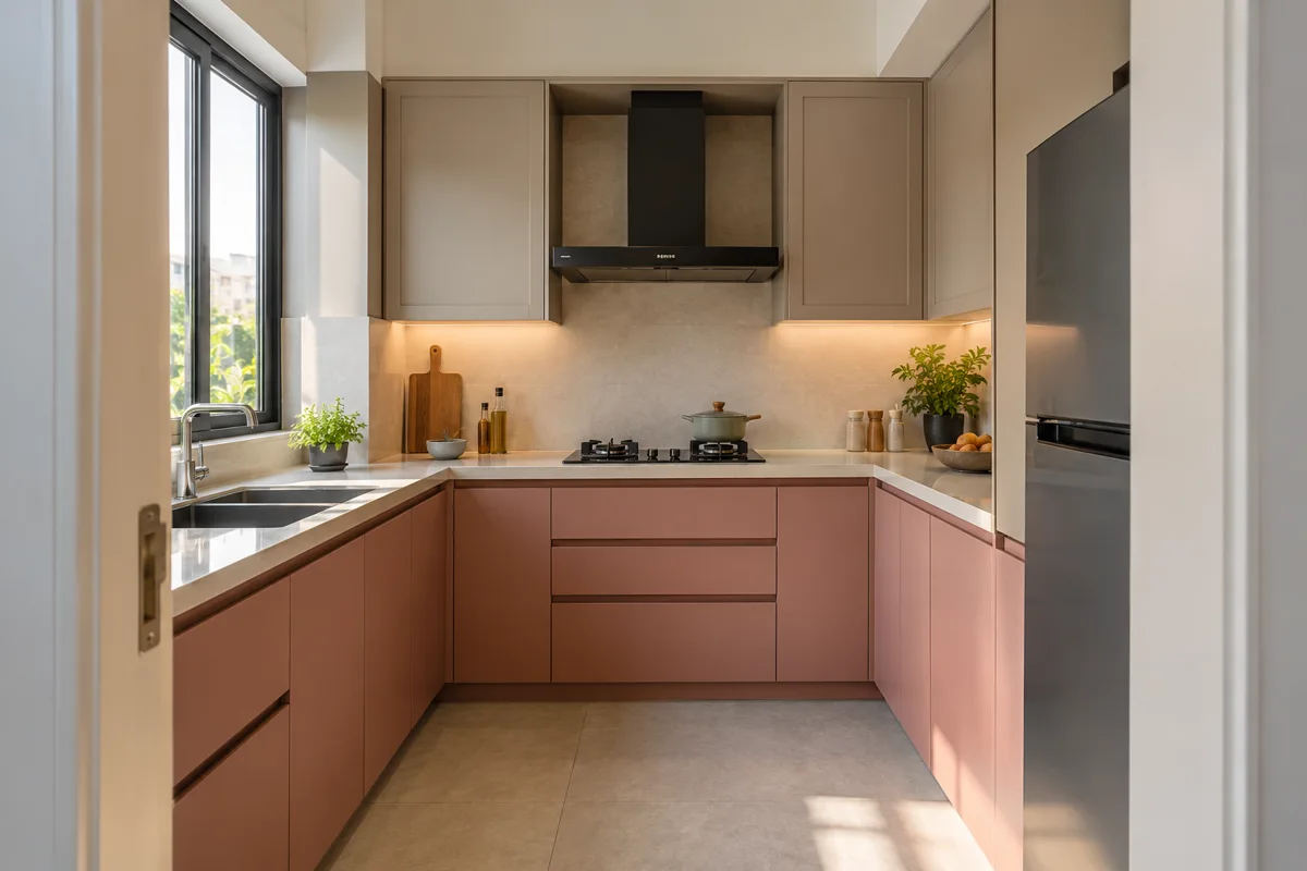 rose taupe square panels small kitchen — AI concept