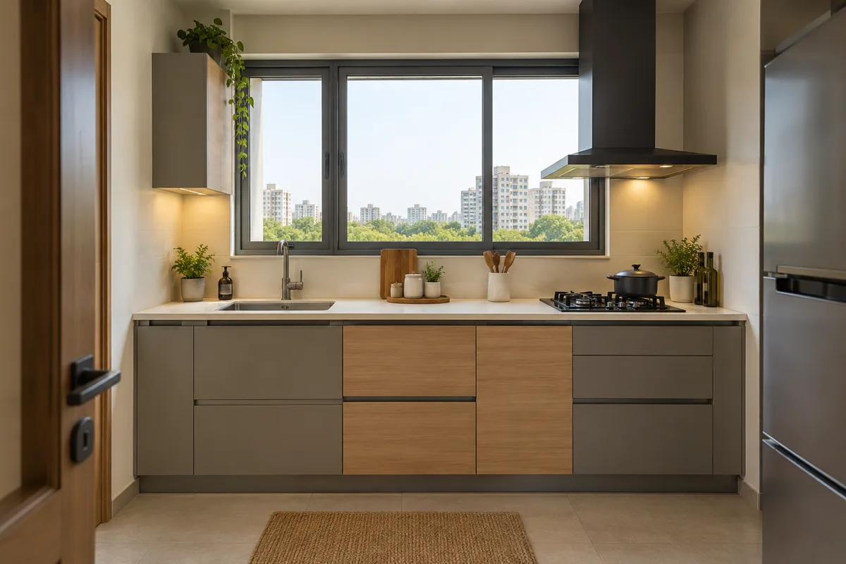 stone maple window counter small kitchen — AI concept