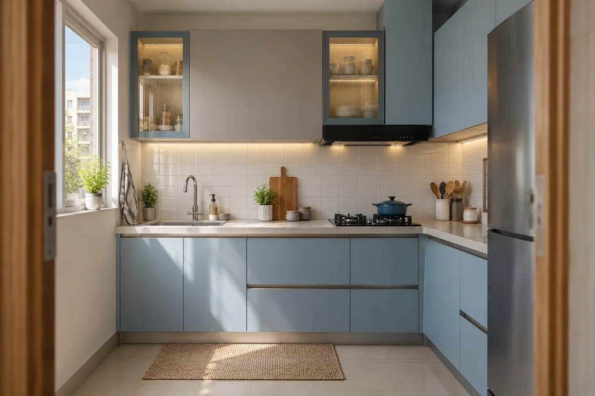 sky putty glass corners small kitchen — AI concept