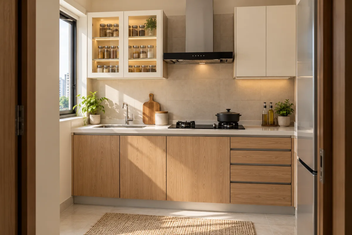 oak cream fluted display small kitchen — AI concept