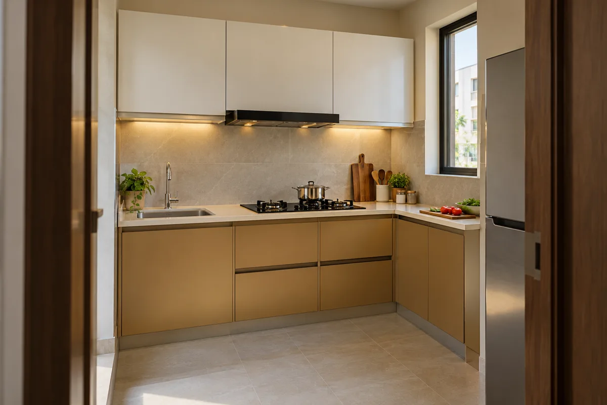 ochre white corner drawers small kitchen — AI concept