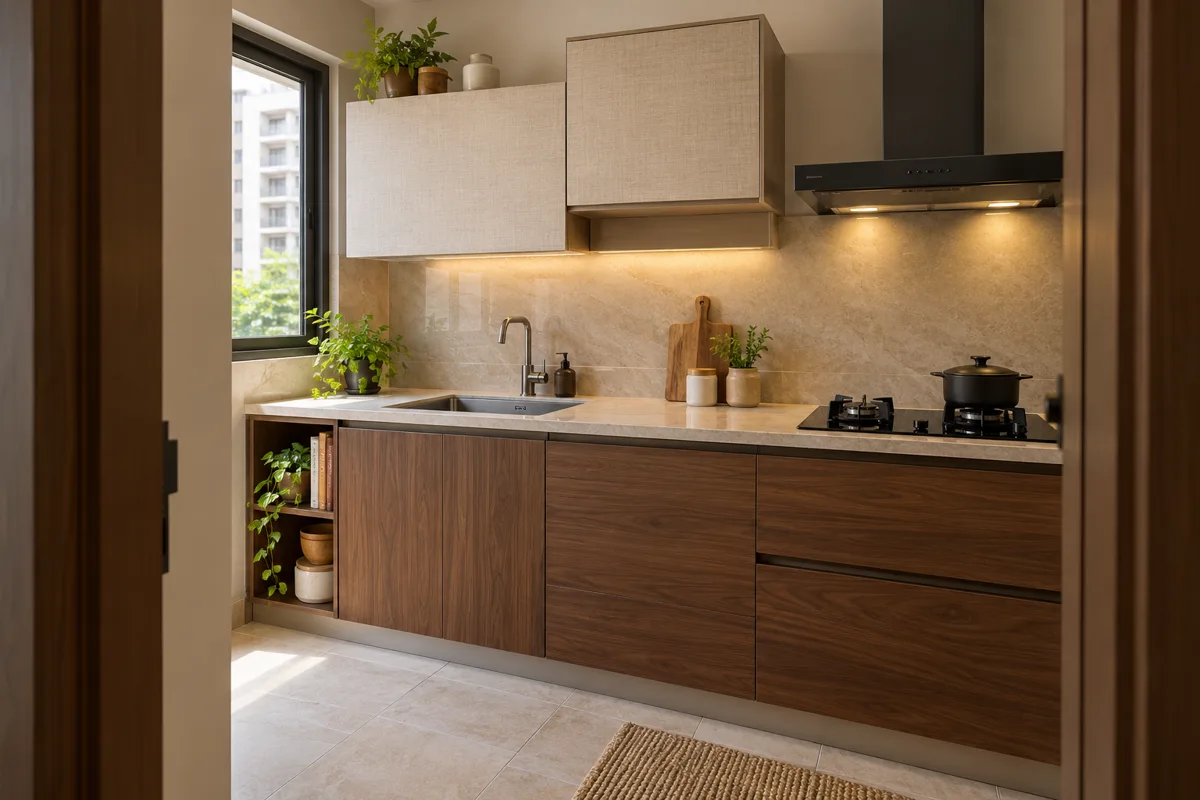 walnut white wide drawers small kitchen — AI concept