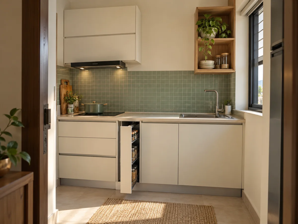 ivory sage open pullout small kitchen — AI concept