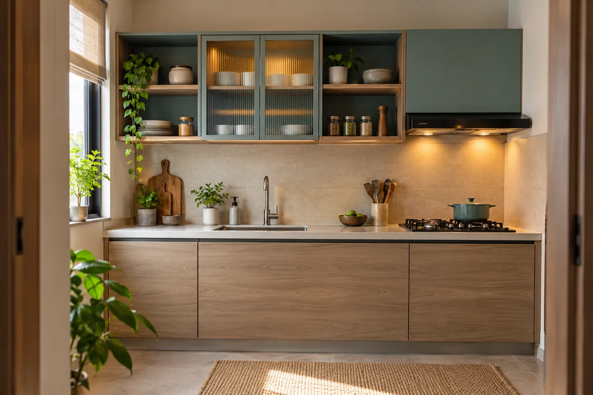 ash teal central display small kitchen with ash laminate wide drawers, teal overheads, central glazed doors and open end cubbies