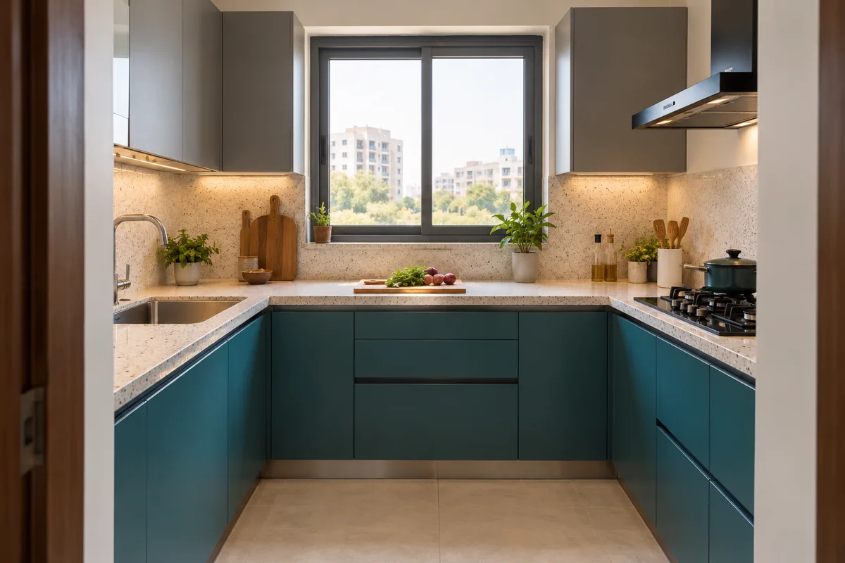 teal cream window wrap small kitchen — AI concept