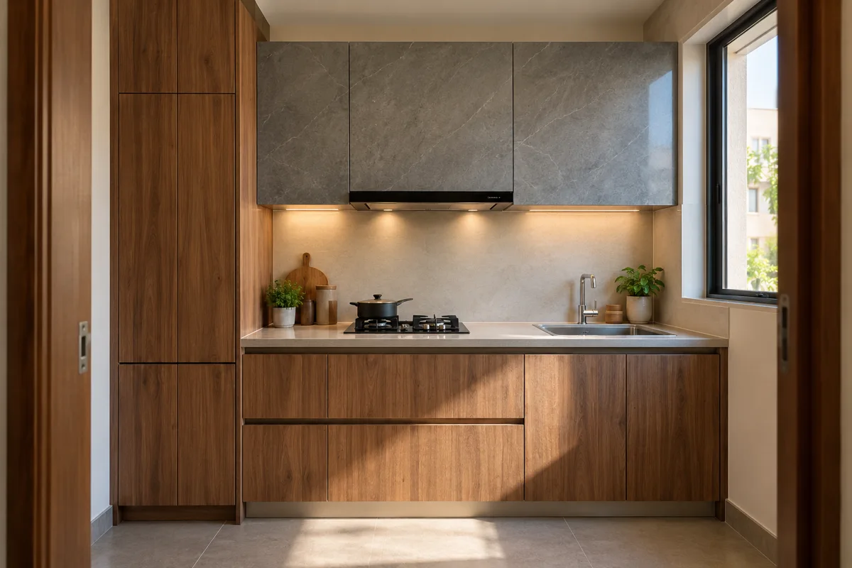teak stone grey cabinet wall small kitchen — AI concept