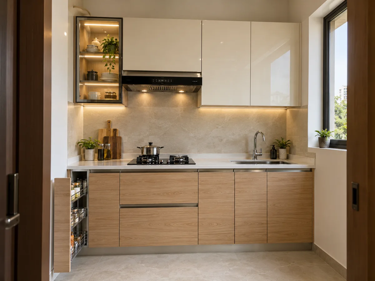 maple ivory narrow glass small kitchen — AI concept
