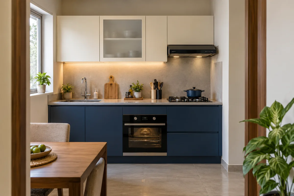navy white oven run small kitchen with navy bases, white overheads, left glazed upper display, right oven and hob