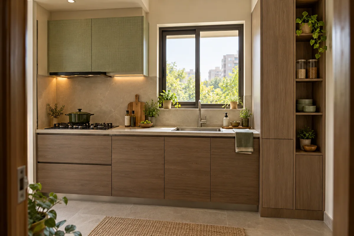smoked oak sage pantry tower small kitchen — AI concept