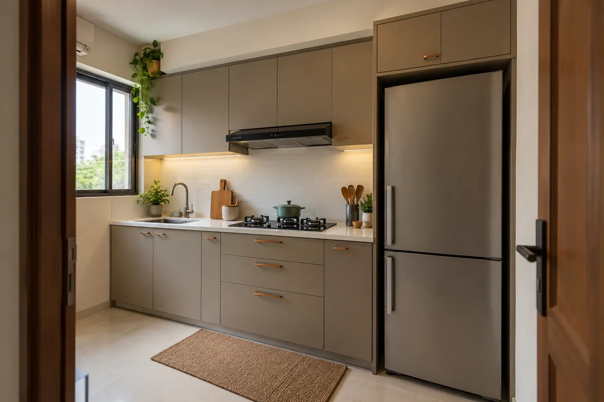 greige copper fridge loft small kitchen — AI concept