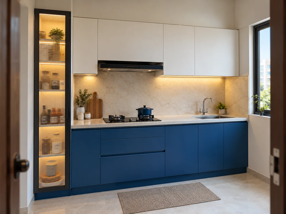 cobalt white glazed tower small kitchen — AI concept