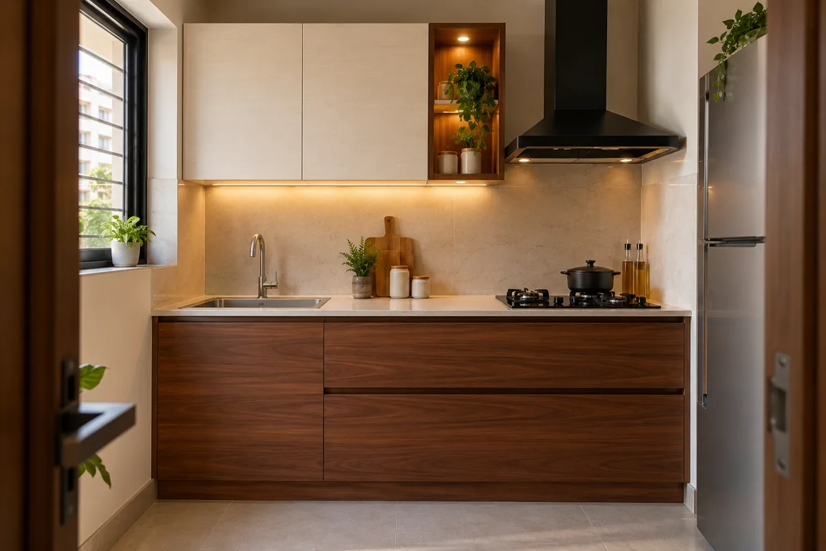 walnut warm white glass box small kitchen — AI concept