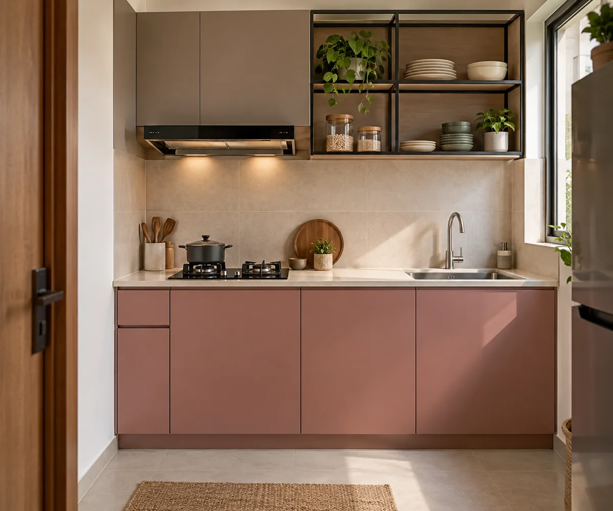 rose taupe dish shelves small kitchen — AI concept