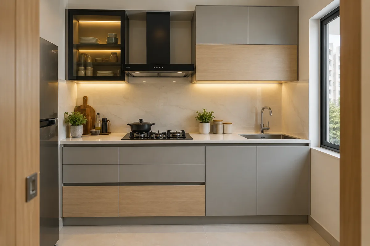 stone maple tinted display small kitchen — AI concept
