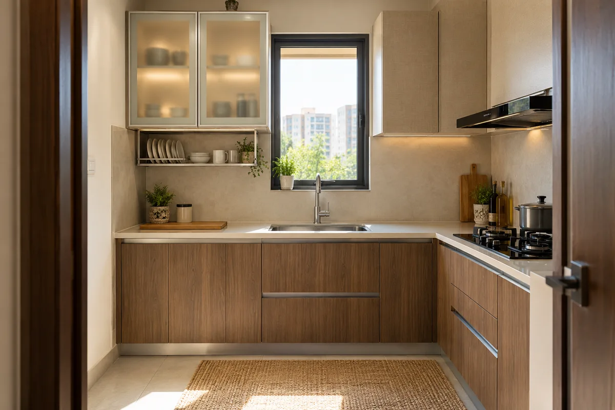 walnut white glazed corner small kitchen — AI concept