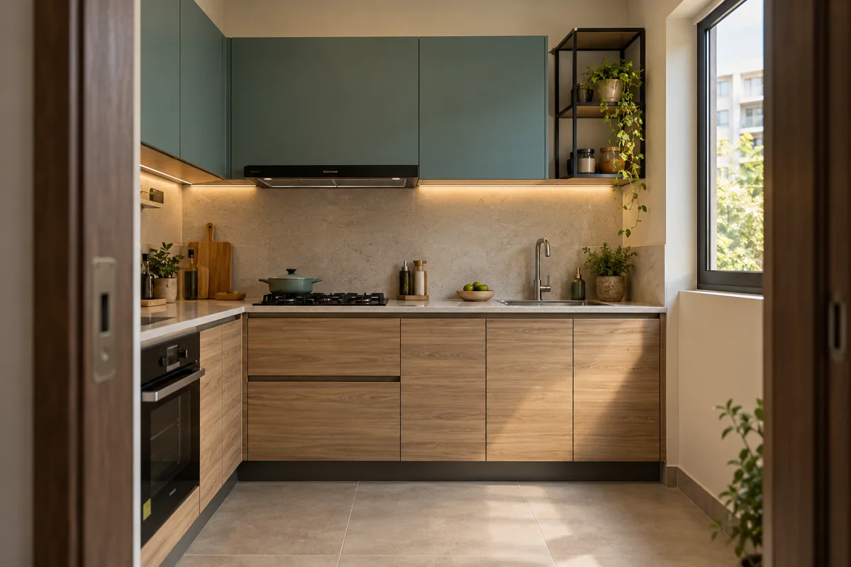 ash teal oven return small kitchen — AI concept
