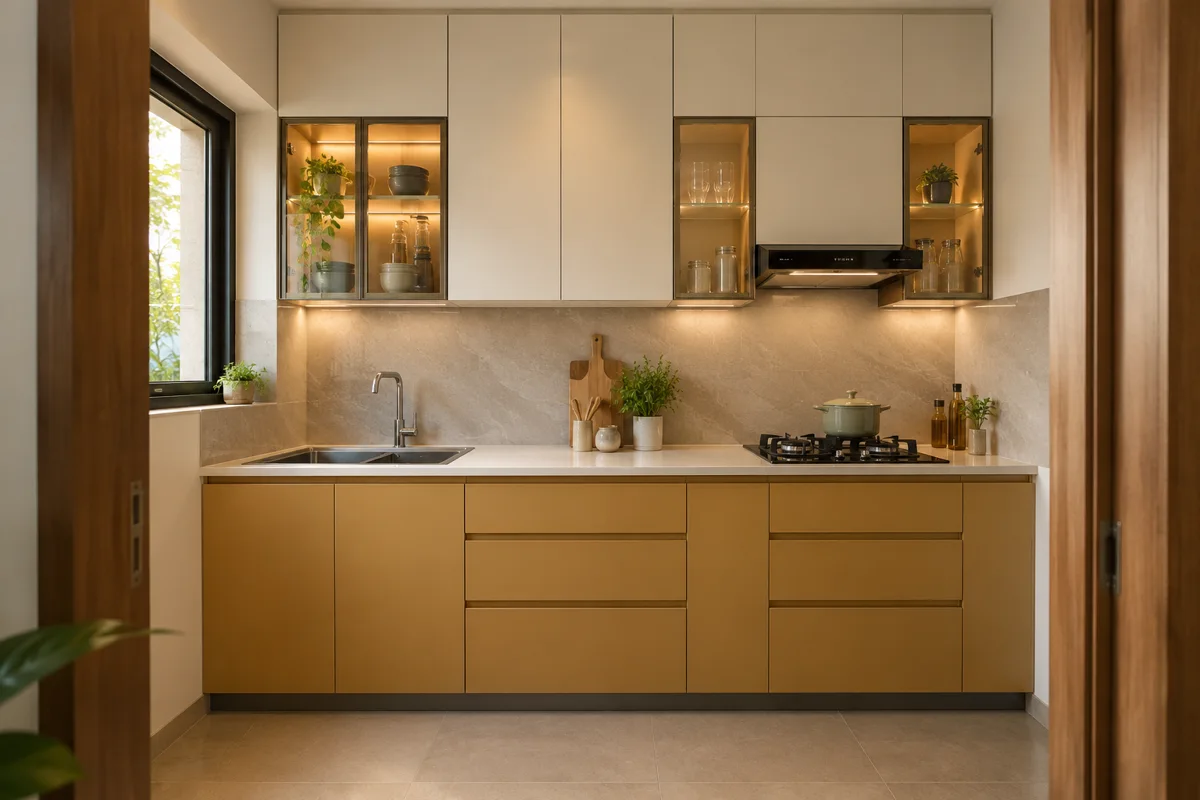 ochre porcelain twin glass small kitchen — AI concept