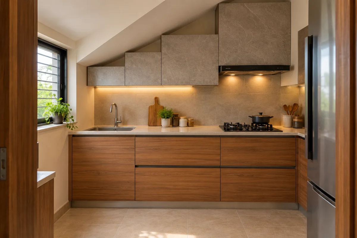 teak stone stepped overheads small kitchen — AI concept