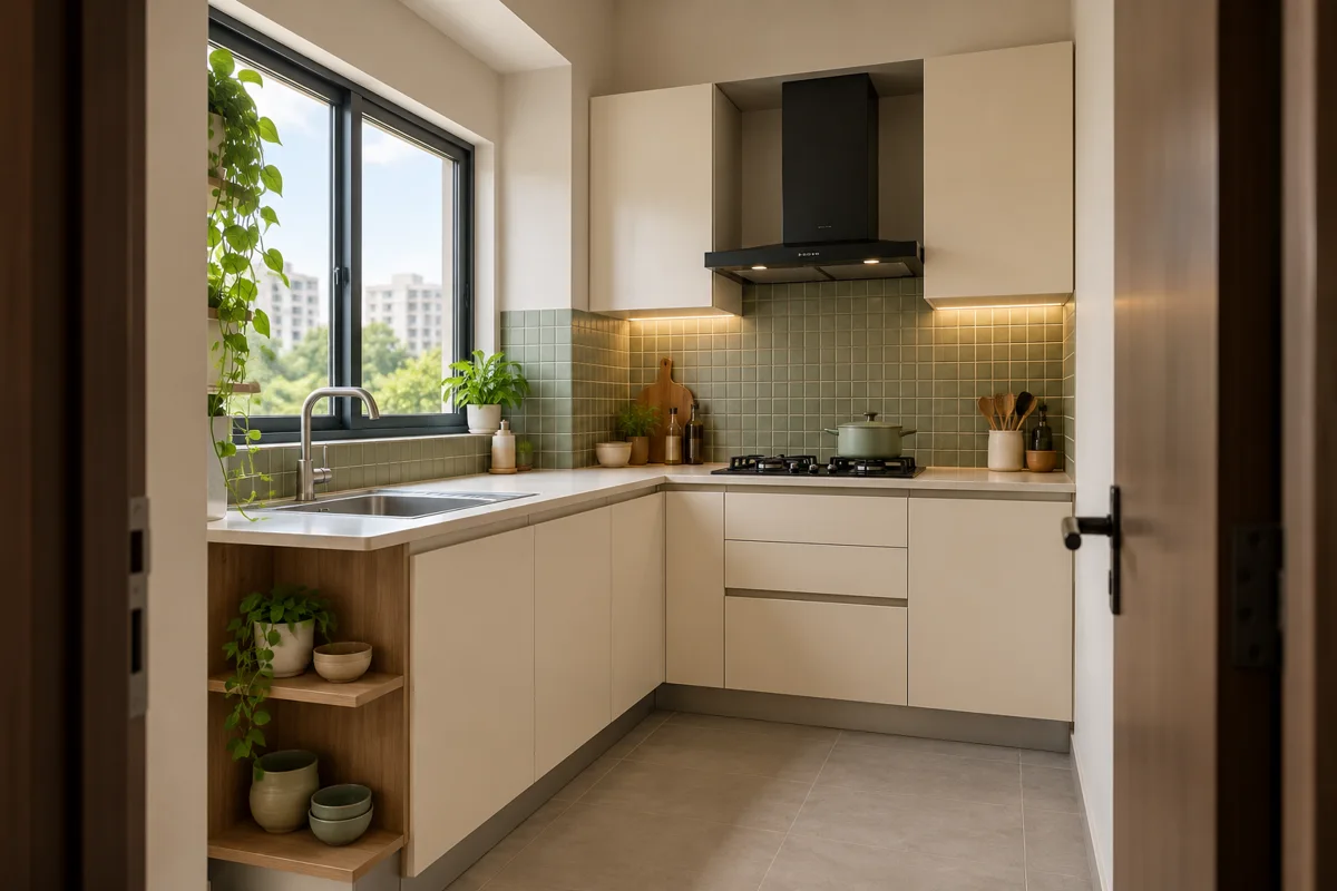 ivory sage open corner small kitchen — AI concept