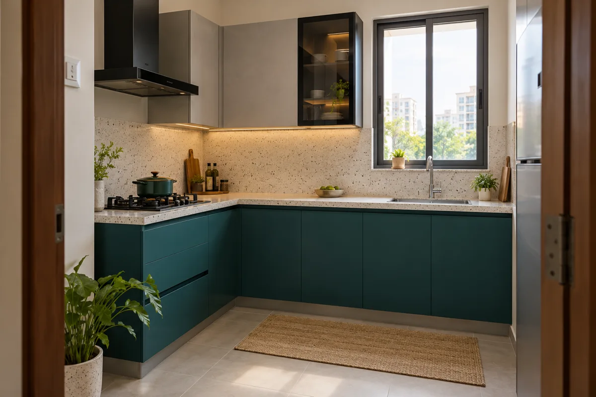 teal ash tall display small kitchen — AI concept