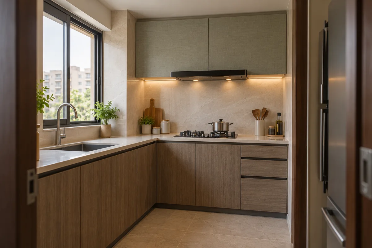smoked oak sage drawer corner small kitchen — AI concept