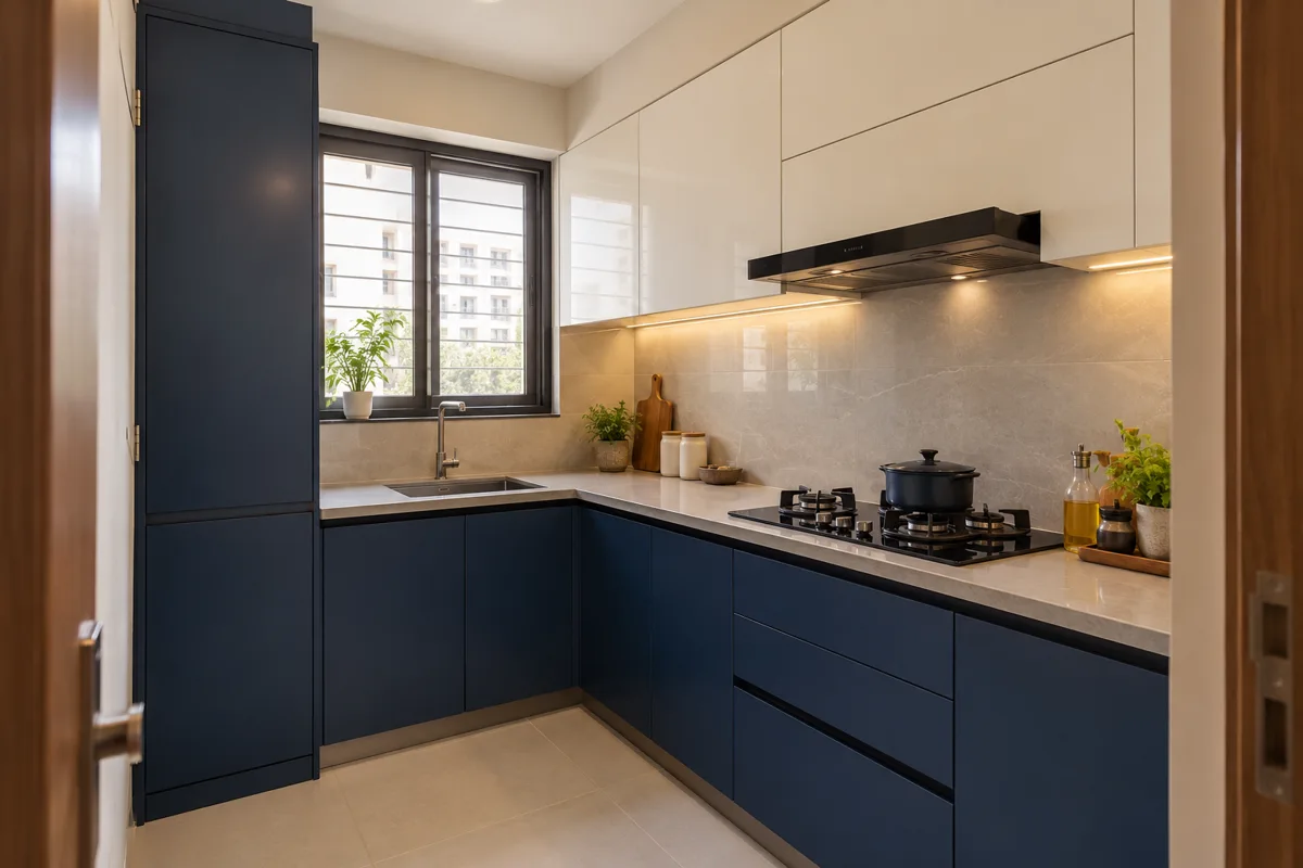 navy ivory window run small kitchen — AI concept