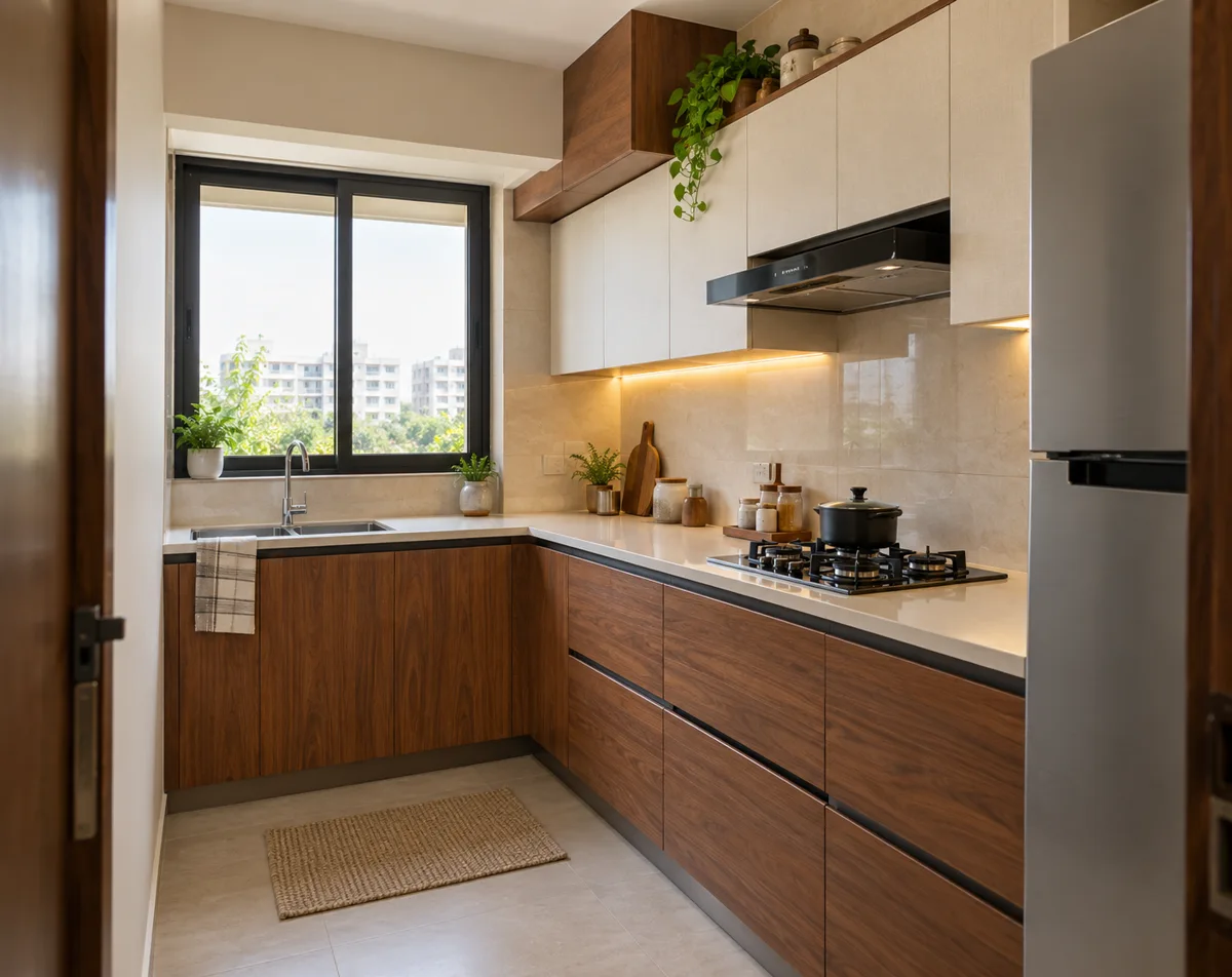 walnut white fridge end small kitchen — AI concept