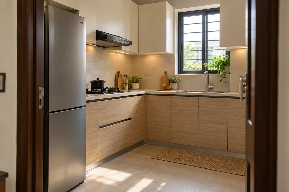 oak cream refrigerator return small kitchen — AI concept