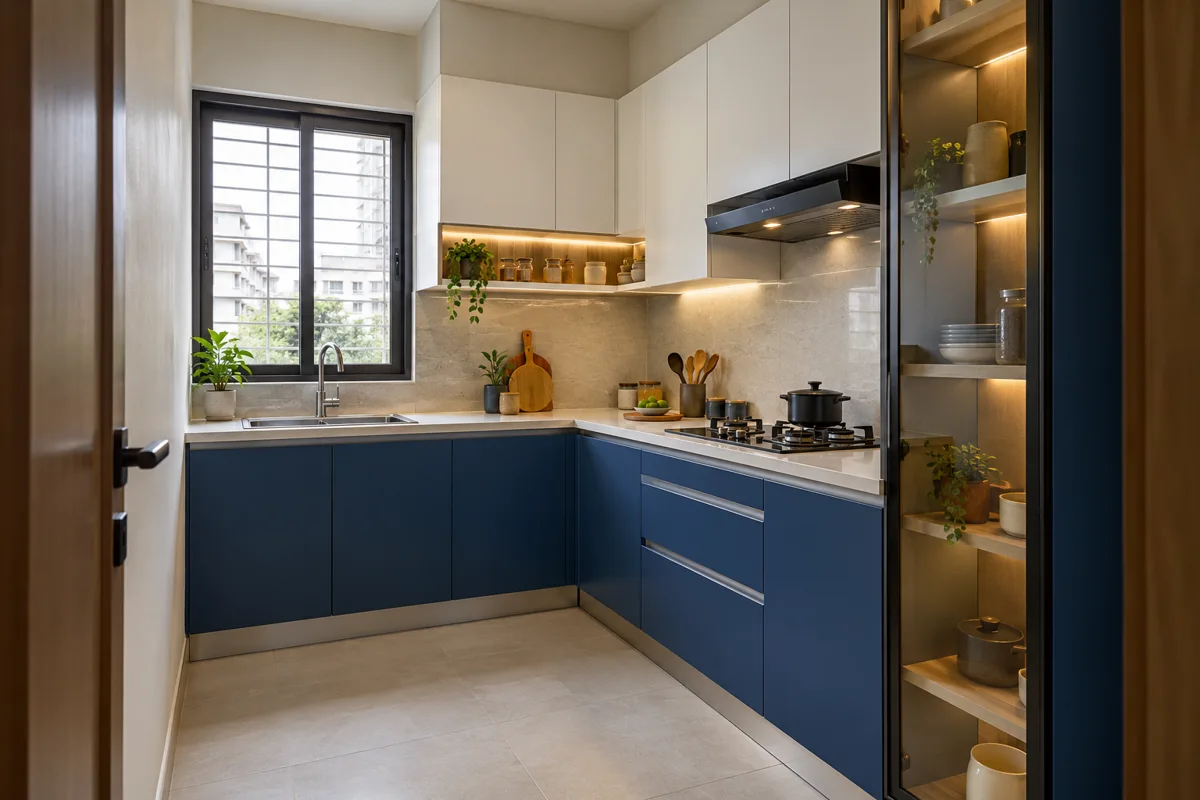 cobalt white tall glass small kitchen — AI concept