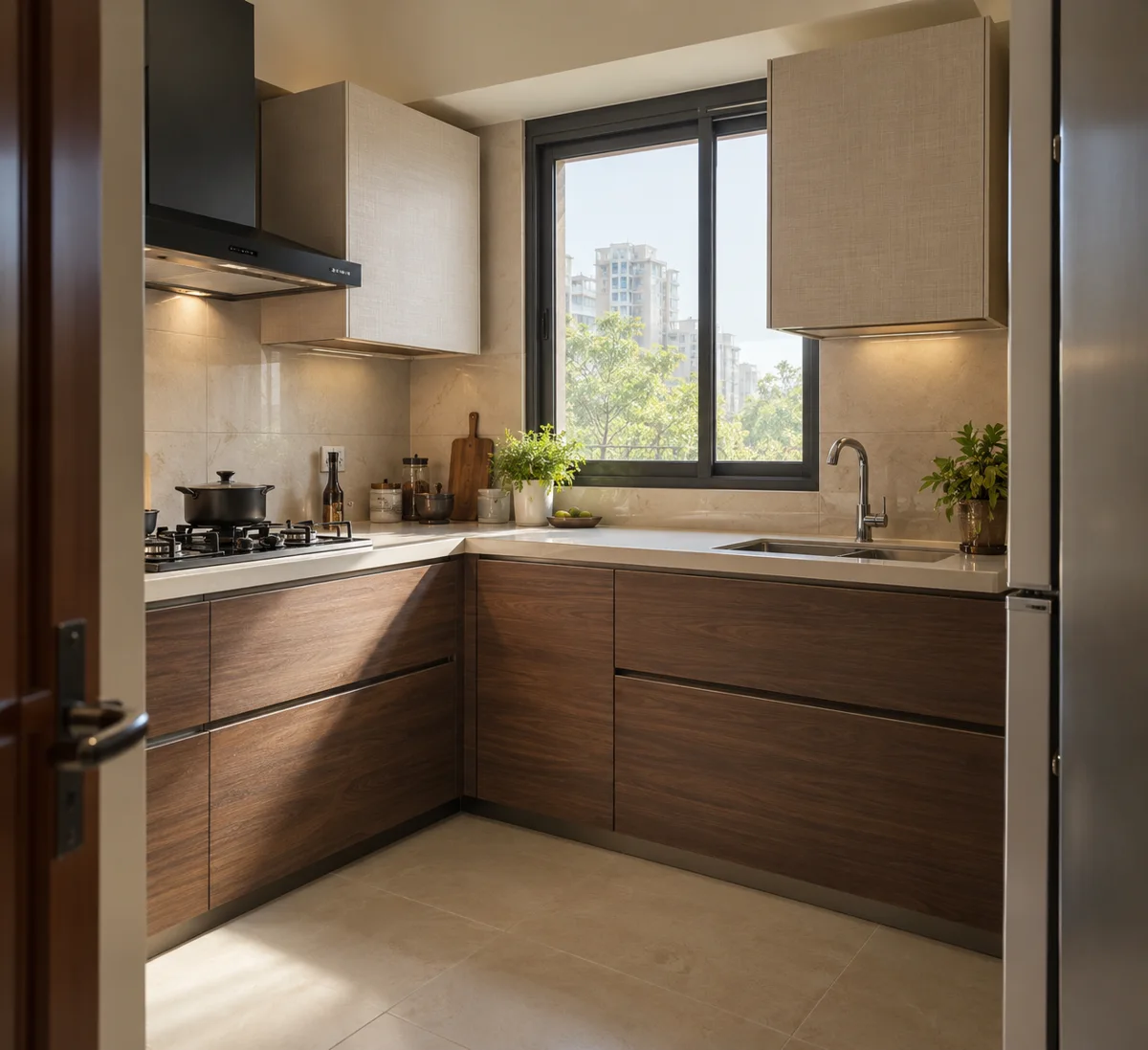 walnut warm white window u small kitchen — AI concept