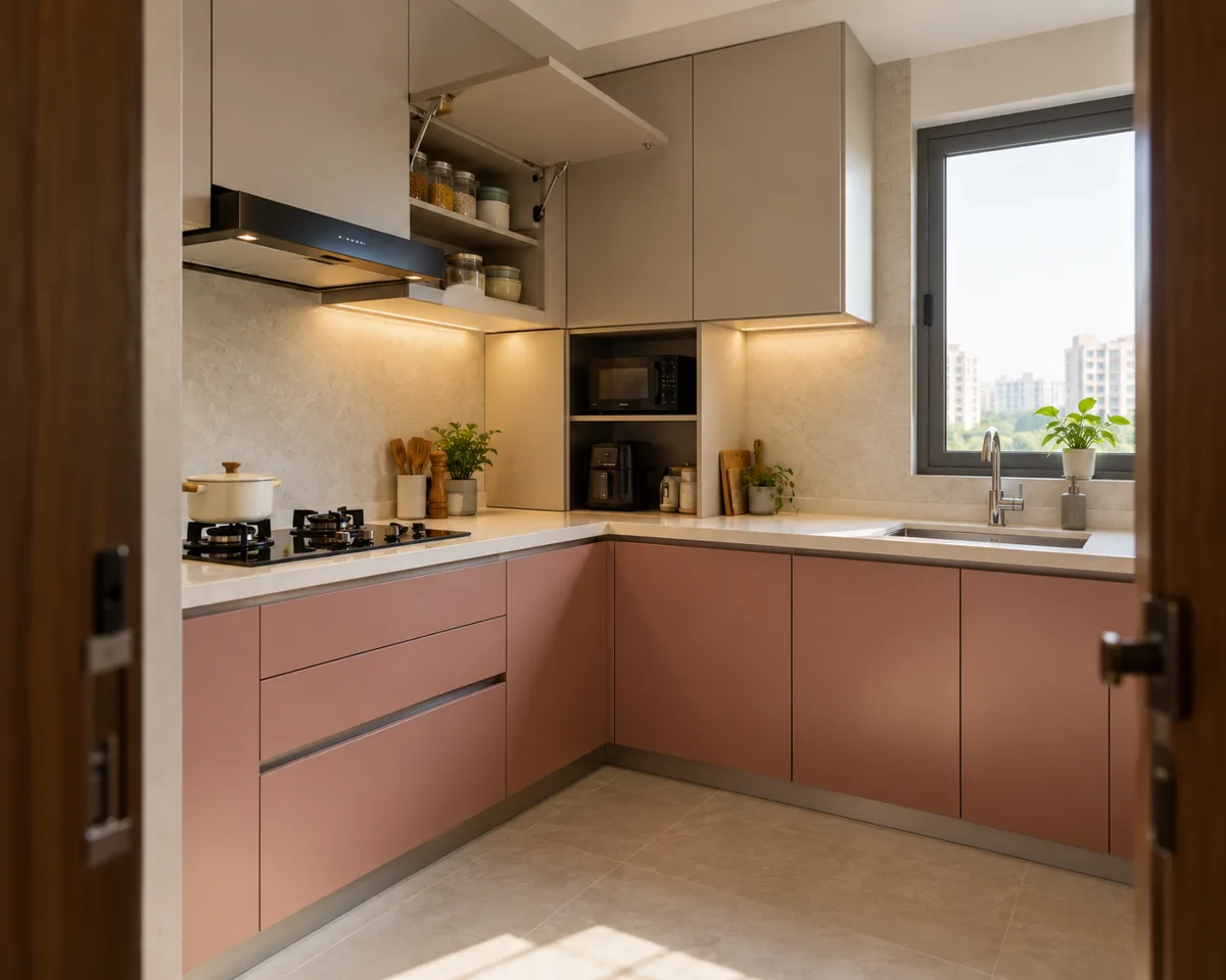 rose taupe oven corner small kitchen — AI concept