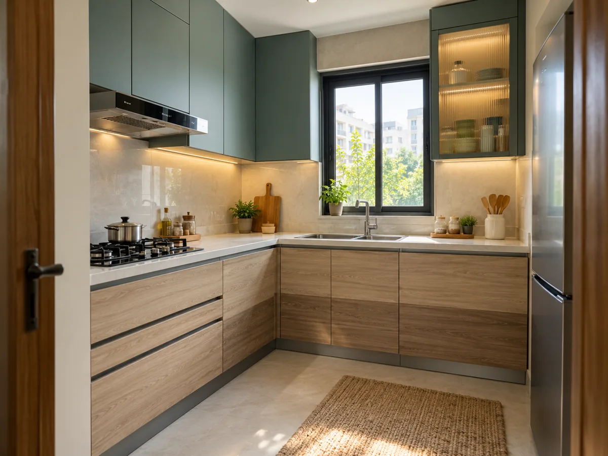 ash teal tall glazed end small kitchen — AI concept
