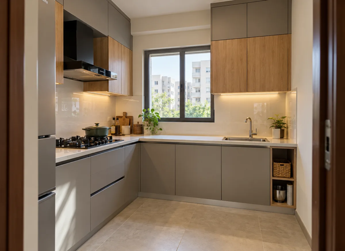 stone maple open end small kitchen — AI concept